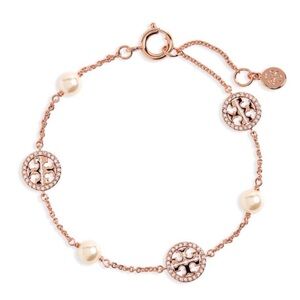 Tory Burch Rose Gold Bracelet Logo with Pearl/Rhinestone Accents 7-7.5” Long NEW